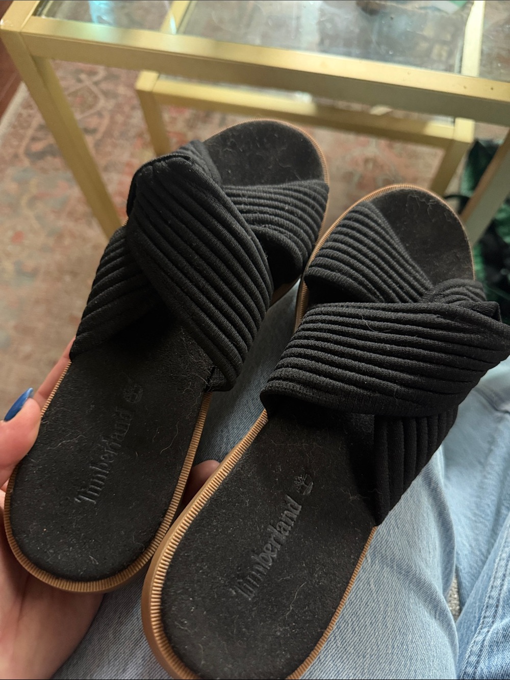 Timberland Black Ribbed Crossover Slide Sandals with Tan Trim